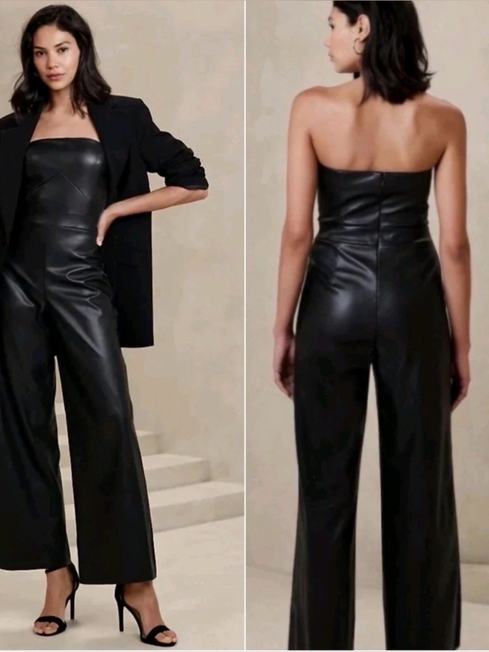Banana Republic Black Faux Leather Strapless Jumpsuit Wide Leg Trouser